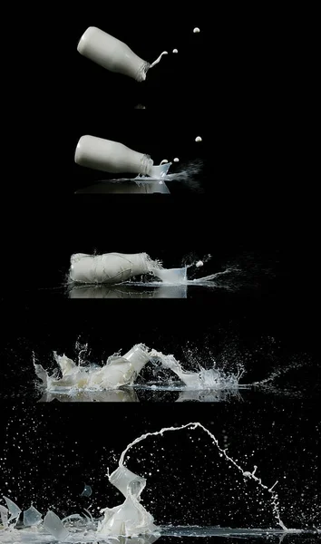 Kara Arkaplan Bir Şise Süt Düşüyor Patlıyor — Stok fotoğraf