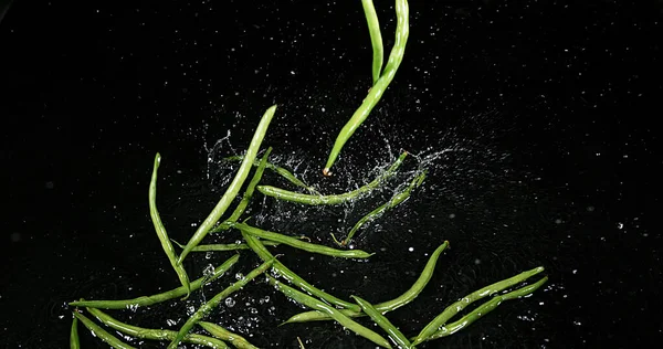 Feijões Verdes Feijões Franceses Phaseolus Vulgaris Legumes Caindo Água — Fotografia de Stock