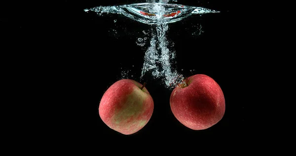 Pommes Malus Domestica Fruits Entrant Dans Eau Sur Fond Noir — Photo
