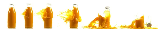 Botella Naranja Explotando Contra Fondo Blanco — Foto de Stock