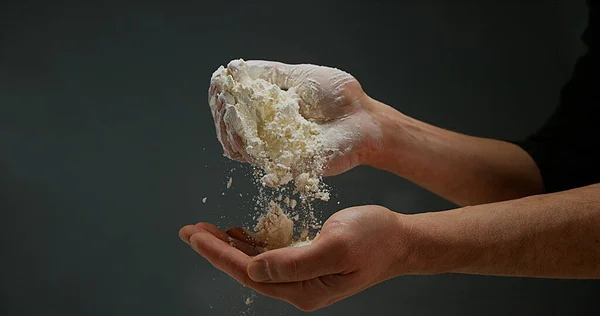 Hands Man Flour Black Background — Stock Photo, Image