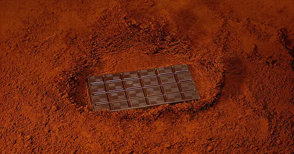 黒チョコレートパウダーに落ちるブラックチョコレートタブレット — ストック写真