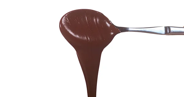 Chocolate Fluindo Colher Madeira Fundo Branco — Fotografia de Stock