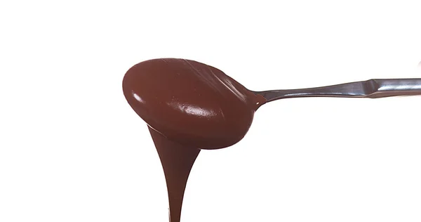 Chocolate Flowing Wooden Spoon White Background — Stok Foto