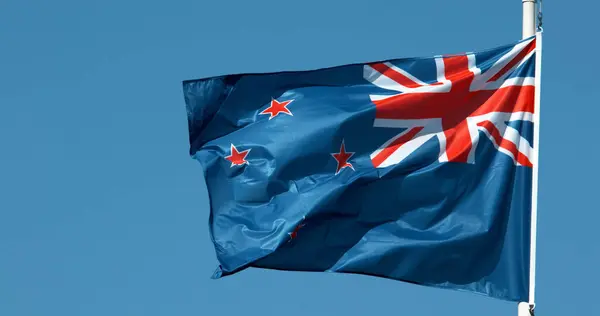 New Zealand Flag Waving Wind Blue Sky — Stock Photo, Image
