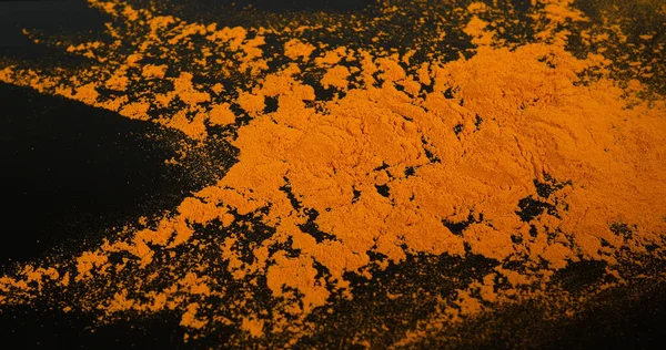 Turmeric Curcuma Longa Powder Falling Black Background Indian Spice — Stock Photo, Image