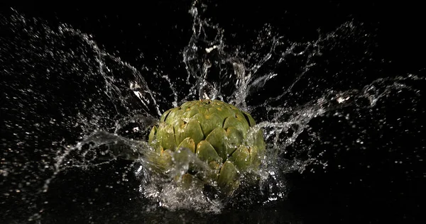 Alcachofra Cynara Scolymus Legumes Caindo Água Fundo Preto — Fotografia de Stock
