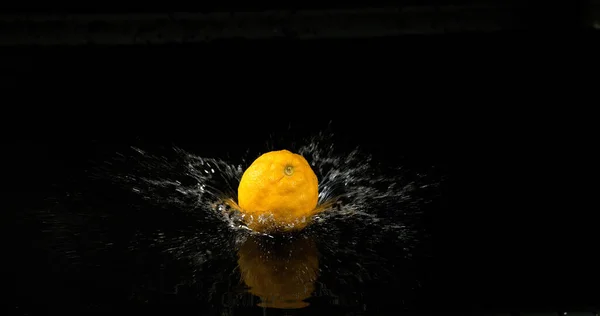 レモンイエロー シトラスリモン 黒い背景の水に落ちるフルーツ — ストック写真