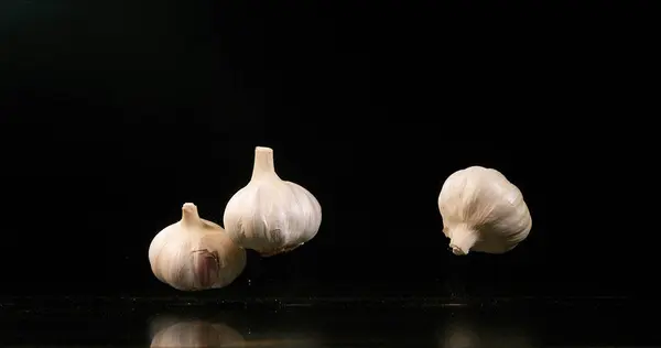 Garlic Allium Savitum Falling Black Background — Stock Photo, Image