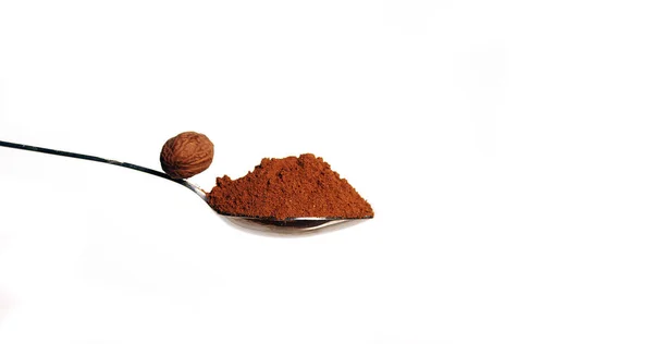 Nutmeg Myristica Fragans Nut Fall Nutmeg Powder White Background — 图库照片