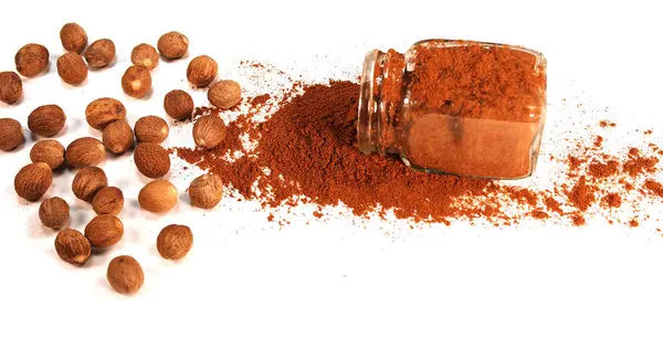 Nutmeg Myristica Fragans Nut Falling Nutmeg Powder White Background — Stock Photo, Image