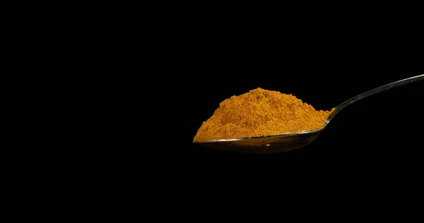 Spoon Curry Powder Falling Spoon Black Background — Stock Photo, Image