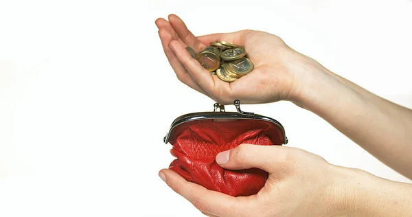 Hands Woman Purse Euro Coins White Background Stock Picture