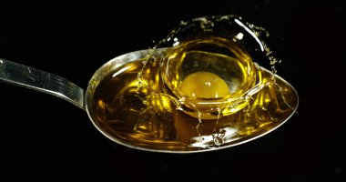 Yeşil zeytin, Olea avrupa, Siyah Arkaplan 'a karşı kaşıkta düşüş