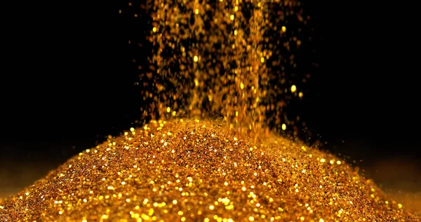 Gold Powder Falling Black Background — Stock Photo, Image
