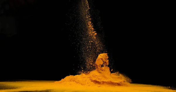 Turmeric Curcuma Longa Powder Falling Black Background Indian Spice — Stock Photo, Image