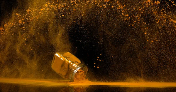 Turmeric Curcuma Longa Powder Small Jar Falling Black Background Indian — Stock Photo, Image