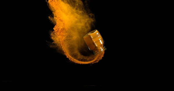 Turmeric Curcuma Longa Powder Small Jar Falling Black Background Indian — Stock Photo, Image