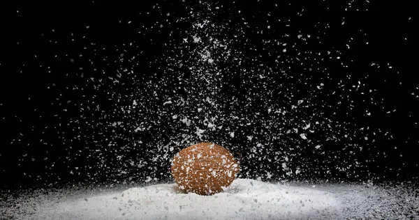 Coconut Cocos Nucifera Fruit Powder Exploding Black Background — Stock Photo, Image