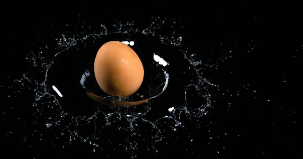 Яйцо Падает Воду Черном Фоне — стоковое фото