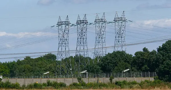 Electricity Pylons Blue Sky Caen Normandy France — Stock Photo, Image