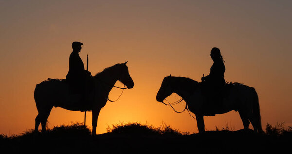 Man and Woman on a Camargue or Camarguais Horse in the Dunes at Sunrise, Manadier in the Camargue in the South East of France, Les Saintes Maries de la Mer