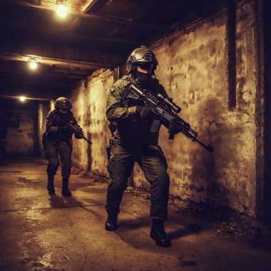 Karanlık yeraltında silahlı askerler.