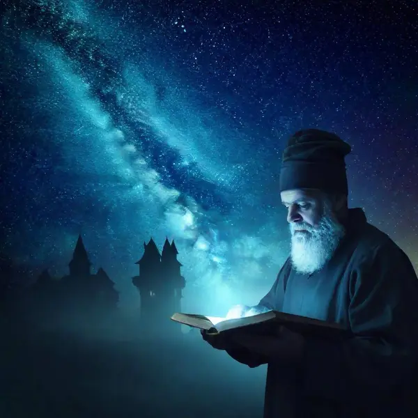Holy Book Holy Bible Night Scene Starry Sky Stars Moon — Foto Stok Gratis