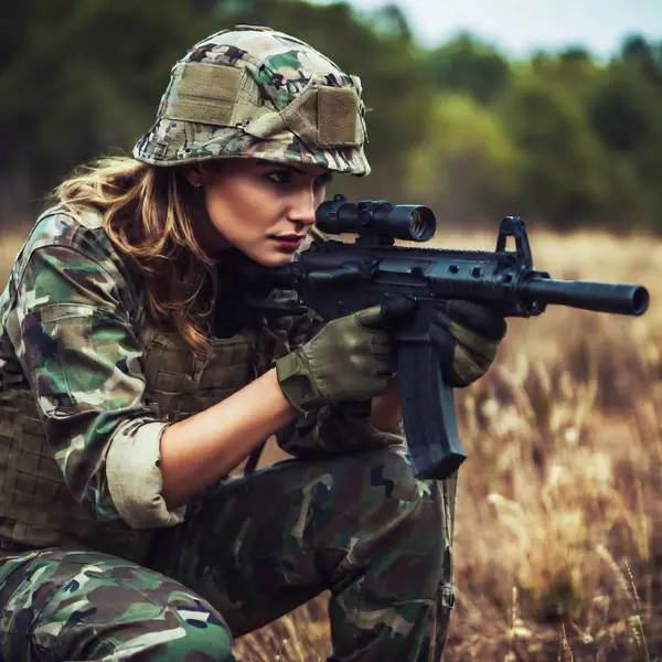 Female soldier in uniform holding gun at field