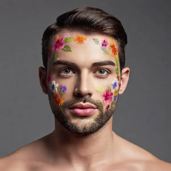 Young Handsome Man Flowers Makeup Face — Free Stock Photo