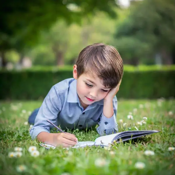 Cute Little Boy Reading Book Park — Fotos gratuitas