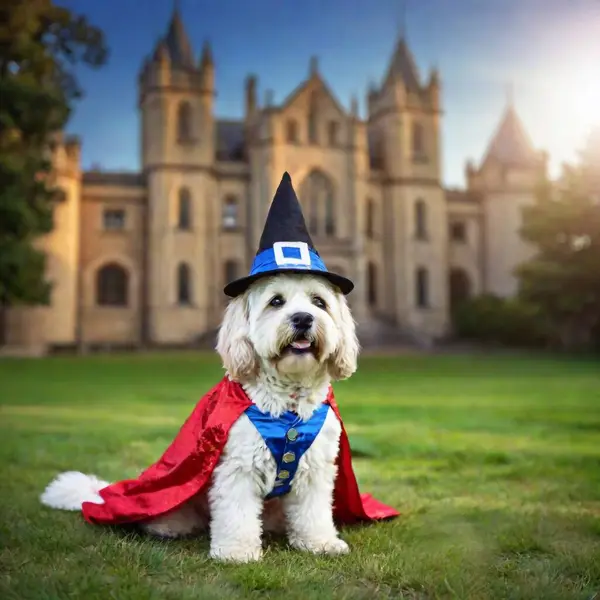 Cute Dog Wearing Halloween Costume Sitting Park Blurred Castle Background — Foto de stock gratis