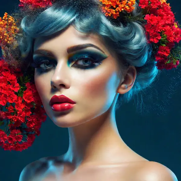 Beautiful Girl Red Flowers Blue Hair — Foto stock gratuita