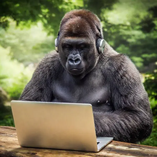 Gorilla Laptop Wooden Background — Fotos gratuitas