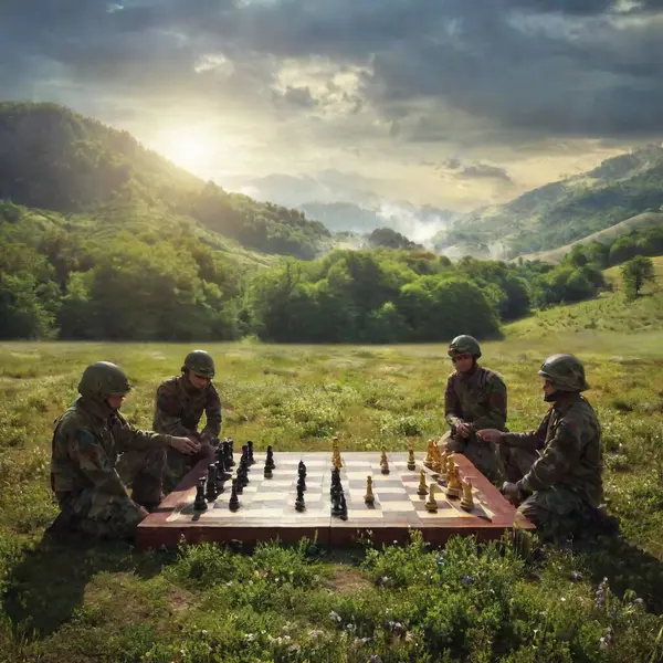 Soldiers Playing Chess Game Mountains — Foto de stock gratis