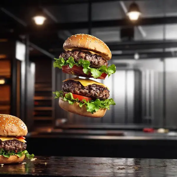 Burgers Livitating Table Blurred Background — Foto de stock gratis