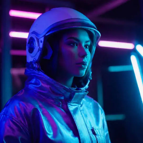 Pensive Young Female Model Astronaut Suit Neon Lights Background — Gratis stockfoto