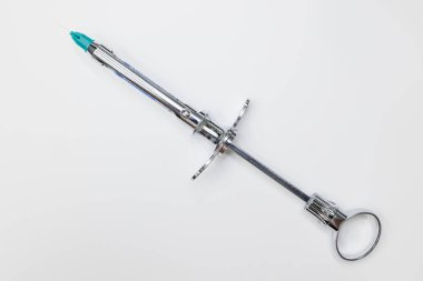 Mavi kapaklı paslanmaz çelik bir diş şırıngasının yakın çekimi..