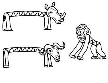 Çizgi film vektör illüstrasyonu, şeffaf arkaplanda siyah-beyaz, Afrika gergedanları, bufalolar, goril stili. Tuhaf safari hayvanları izole edilmiş.