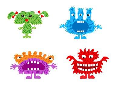 Komik, sevimli, renkli canavarlar. Kocaman ağızları ve şeffaf bir arkaplanda farklı duyguları var. Vektör illüstrasyonu