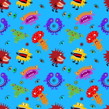 Farklı duyguları olan sevimli çizgi film canavarları. Tekstil, baskı, kağıt ürünleri ve internet kullanan çocuklar ve gençler için kusursuz bir şablon. Evrensel. Vektör