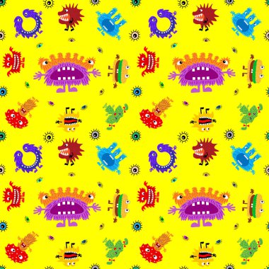 Farklı duyguları olan sevimli çizgi film canavarları. Tekstil, baskı, kağıt ürünleri ve internet kullanan çocuklar ve gençler için kusursuz bir şablon. Evrensel. Vektör