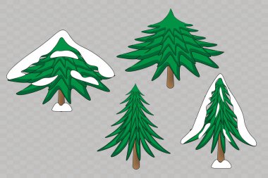  Kışın şeffaf bir zemin üzerinde dalları olan bir köknar ağacı seti. Noel ağacı koleksiyonu, ikonlar, şenlikli kış tasarımı için çıkartmalar, izole edilmiş. - Mutlu yıllar. Vektör illüstrasyonu