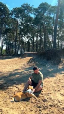 Bir adam yazın göl kenarında kumlu bir sahilde bir corgi köpeği besliyor. Yüksek kalite 4k görüntü