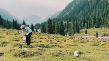 Yeşillik ve görkemli dağlarla dolu canlı bir çayırda yürüyen bir adam güzelliği ön plana çıkarıyor.