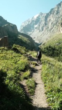 Bir yürüyüşçü, yemyeşil yemyeşil ve görkemli zirvelerle dolu sakin bir dağ yolunda yürüyor.