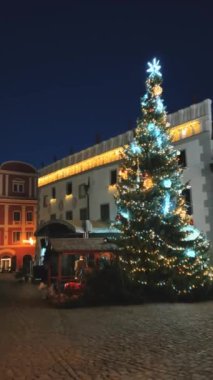 Güzel ışıklandırılmış bir Noel ağacı canlı bir şehir meydanını aydınlatıyor. Güzel bir kış gecesinde, neşe yaratıyor.