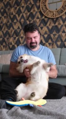 Bir adam, sevimli Corgi 'siyle evlerinde eğlenceli bir etkileşim içinde harika vakit geçiriyor.