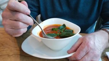 Çağdaş bir yemek ortamında sunulan taze sebze ve otlarla servis edilen iştah açıcı lezzetli bir çorba kasesi.