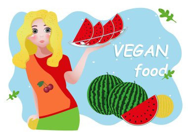 Vector illustration of a girl with a dish of watermelons. Vegan food clipart